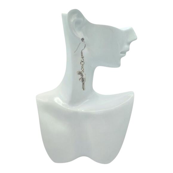 Western Revolver Earrings Silver Tone Pistol Dangles - Picture 3 of 3